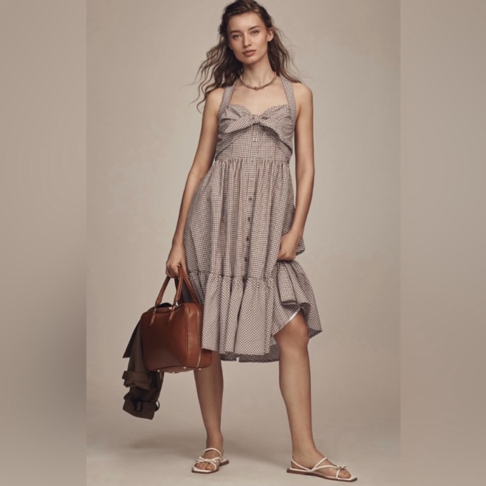 Maeve Brown Gingham Tie-Front Midi Dress